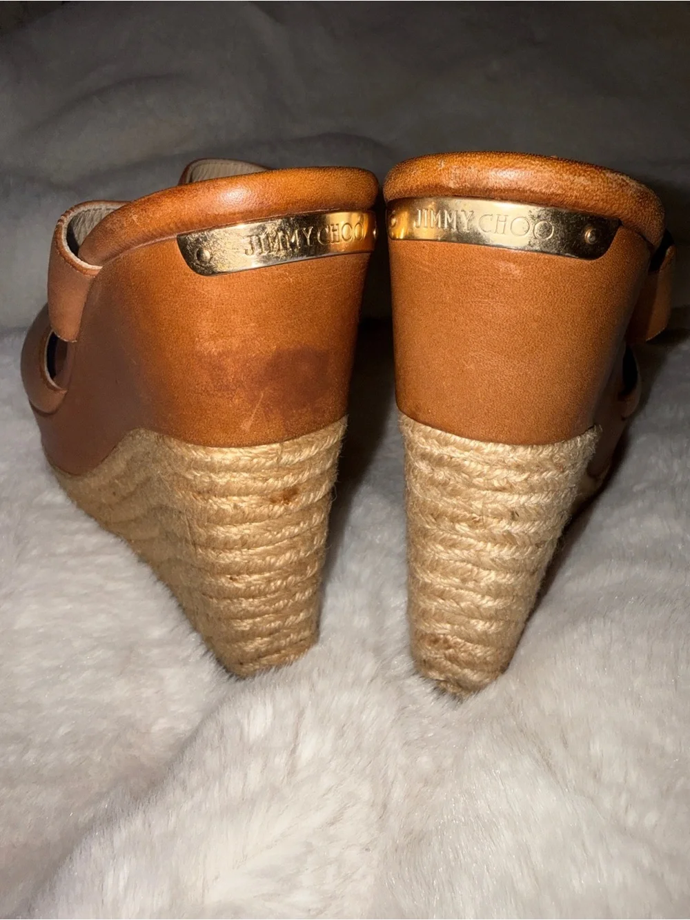 Jimmy Choo Cognac Leather Espadrille Wedge Sandals